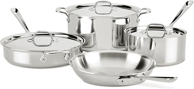 All-Clad D3 3 Ply Stainless Steel Cookware Set 7 Piece, Oven Broiler Safe 600F, Professional Pots & Pans, Silver