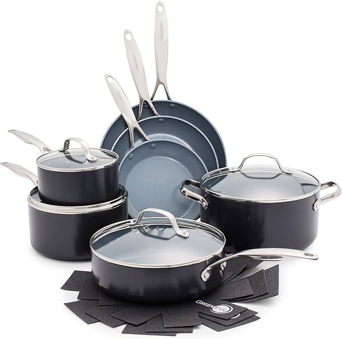 GreenPan Valencia Pro Hard Anodized 11 Piece Cookware Pots and Pans Set, Ceramic Nonstick PFAS-Free PFOA-Free Coating, Induction, Durable Frying Pans, Saucepans, Lids, Dishwasher & Oven Safe, Gray